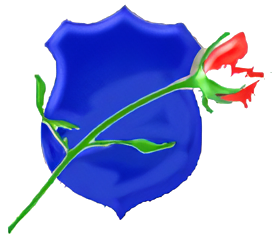 A blue shield and a red flower